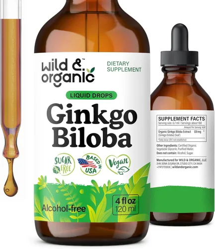 Wild & Organic Gotas de extracto de ginkgo biloba, apoyo para el cerebro y la concentración, suplementos líquidos de ginkgo biloba, tintura de