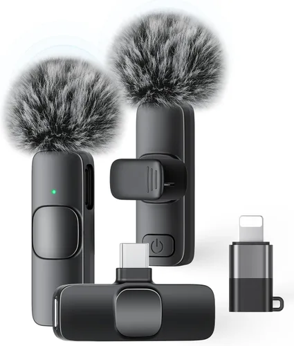 Miniatura 16 de Paquete de 2 micrófonos de solapa inalámbricos para iPhone, iPad y teléfono Android, micrófono de solapa Plug and Play, micrófono inalámbrico