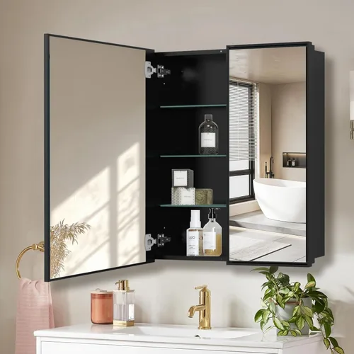 Miniatura 14 de Botiquín de baño de 16 x 20 pulgadas con espejo con marco dorado, gabinete de almacenamiento empotrado o de montaje en superficie, diseño rústico
