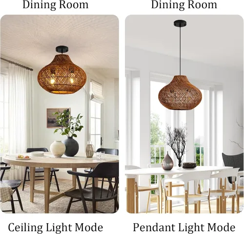 Miniatura 7 de Lámpara Colgante de Ratán Marrón Oscuro de 2 Luces, 14.96" Luz Colgante Redonda Rústica, Lámpara Colgante de Mimbre Curry Candelabro de Ratán Tejido