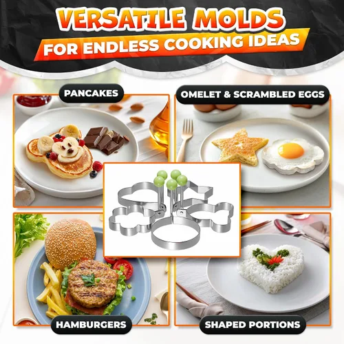 Miniatura 8 de Juego de 5 moldes para panqueques – Moldes de acero inoxidable para panqueques para plancha con formas divertidas, asas plegables – Moldeador