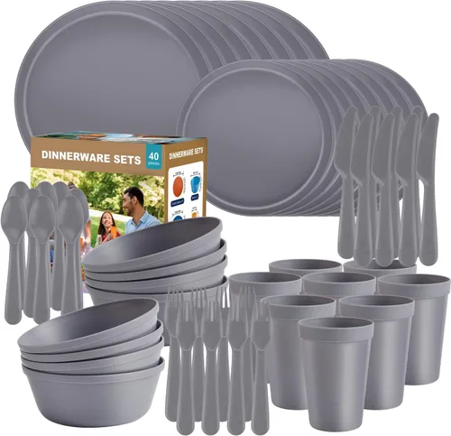 Miniatura 11 de Juego de vajilla para camping de RV de 40 piezas (servicio para 8), juego de platos y cuencos aptos para microondas con cubiertos, platos