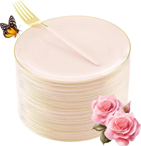 Miniatura 9 de LIYH - 200 platos de postre dorados, 100 platos de aperitivo de 7.5 pulgadas y 100 tenedores de plástico dorados de 5 pulgadas, platos para Oro