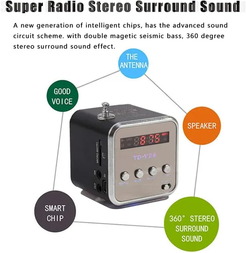 Miniatura 2 de Mini altavoz portátil reproductor de música, radio FM, altavoz estéreo, soporte para tarjeta TF y disco U, diseño breve, mini altavoz perfecto