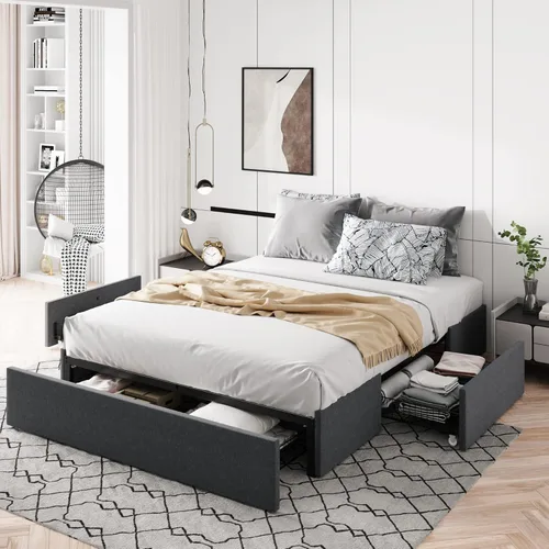 Allewie - Base de cama tamaño matrimonial con plataforma, 3 cajones de almacenamiento, tapizada en tela, soporte de listones de madera, no necesita