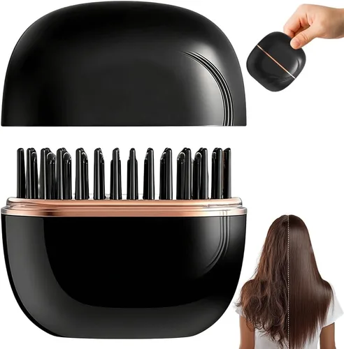 Mini alisador de pelo, peine caliente recargable inalámbrico 2 en 1, alisador de pelo portátil para viajes con calentamiento rápido y diseño Negro