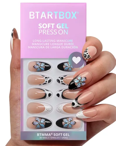 Miniatura 15 de BTArtbox Uñas cortas a presión, color negro, francés, almendra, con pegamento y pestañas adhesivas para mujeres en 16 tamaños, kit de 32 uñas de gel