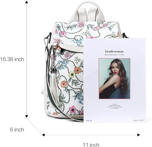 Miniatura 3 de Bromen - Mochila tipo bolso de mano de piel antirrobo para mujer a la moda, Beige floral, L