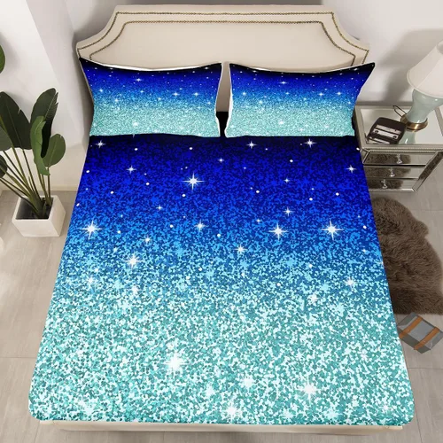 Miniatura 9 de Erosebridal Juego de ropa de cama de lentejuelas con purpurina y estrellas, sábanas de bolsillo profundo arcoíris y galaxia espacial, sábana bajera