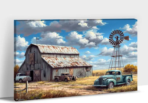 Miniatura 10 de Lienzo de pared de camión antiguo de granja, arte de pared de granero rústico, impresiones de lienzo de camioneta vintage de campo, impresiones
