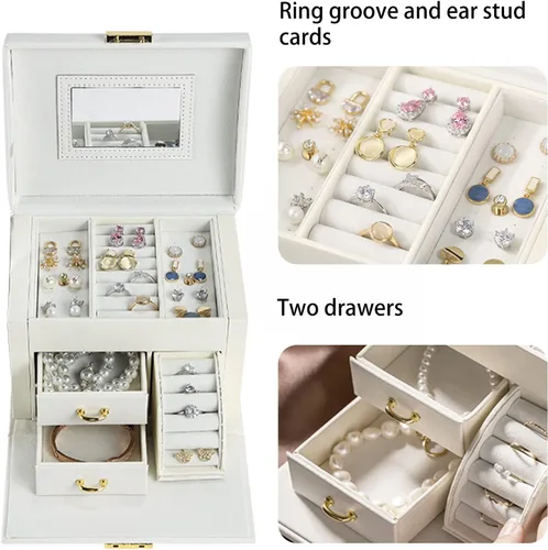 Miniatura 2 de DREAM&GLAMOUR - Cajas de joyería para mujer, 3 capas, organizador de joyería de piel sintética con espejo y cerradura. Caja de joyería portátil