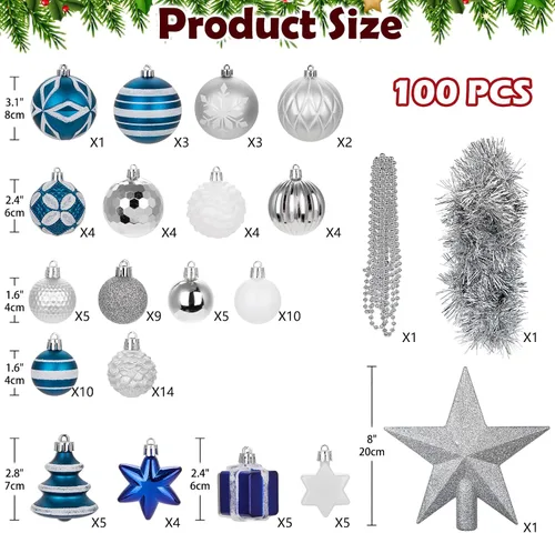 Miniatura 6 de 100 piezas de juego de adornos de Navidad azul y blanco – Kit de bolas de decoración de árbol de Navidad inastillables con estrella de copa