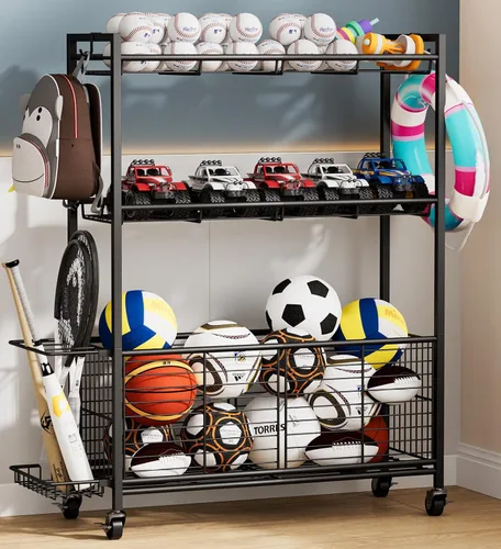 Organizador grande de equipo deportivo de garaje con ruedas, estante de almacenamiento de pelotas de 3 niveles para baloncesto, pelotas de fútbol y