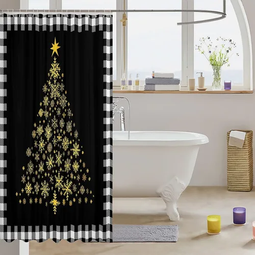 Miniatura 3 de Homewish Cortina de ducha de árbol de Navidad, juego de cortina de ducha de baño con diseño de copo de nieve dorado para niños y adultos, cortina