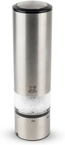 Peugeot - Molinillo eléctrico de sal Elis Sense u'Select - Molinillo ajustable, funciona con pilas - Luz LED azul, acero inoxidable, 8 pulgadas