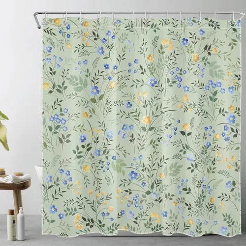 Miniatura 10 de LB Cortina de Ducha Decorativa de Flores Silvestres del Campo, Flores Azules y Amarillas con Planta de Hojas Verdes sobre Beige, Cortina de Ducha