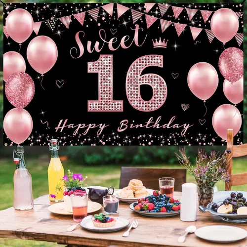 Miniatura 5 de Vicycaty Decoraciones de cumpleaños de 16 años – Cartel de fondo, decoración de fiesta de feliz 16 para niñas, cartel de 16 yardas de oro rosa