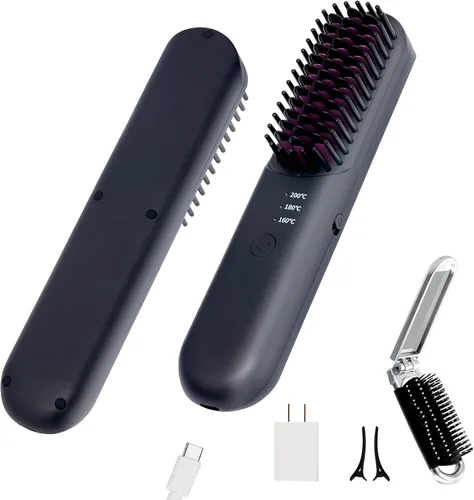 Hot Comb Eléctrico, cepillo alisador de pelo inalámbrico, mini cepillo de pelo, peine térmico con 3 ajustes de temperatura, alisador de pelo