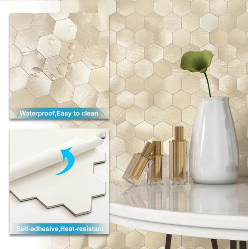 Miniatura 5 de BeNice Adhesivo de metal para azulejos de pared de cocina, adhesivo 3D, 10 unidades, color dorado champán Oro champán