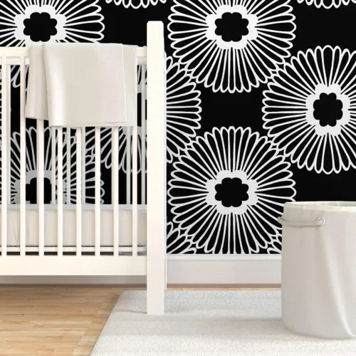 Miniatura 6 de Despegar y pegar muestra de papel tapiz – Flor floral grande negro blanco círculo de la naturaleza Bold Mod Daisy 1960s Retro Modern Decoración