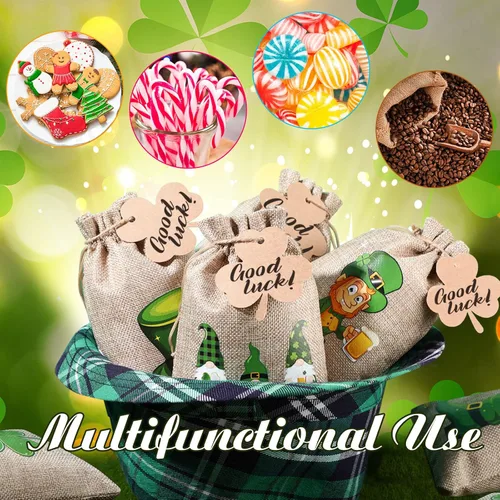 Miniatura 4 de Shappy Juego de 24 bolsas de regalo del día de San Patricio con cordón de arpillera de trébol verde para fiesta, bolsas de dulces, trébol irlandés