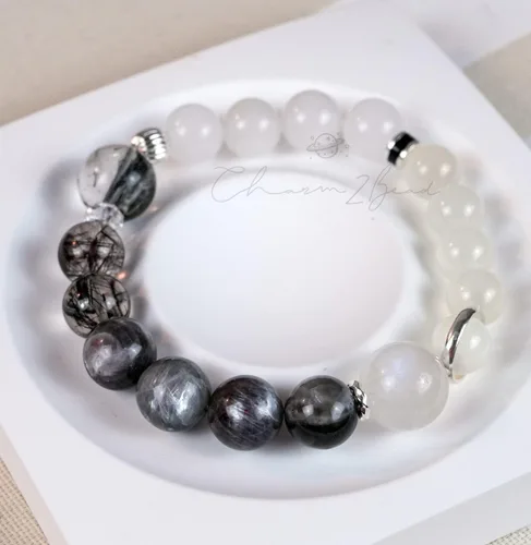 Miniatura 14 de Precious Gemstone Natural Crystal Healing Bracelet, Rutilated Quartz, Moonstone, Quartz Handmade Original Design Bracelet