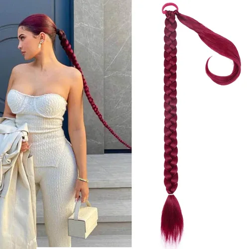 Miniatura 27 de Extensiones de cola de caballo trenzada de 20 pulgadas de largo para mujer, extensiones de cabello lacio envolvente con banda para el cabello, cola