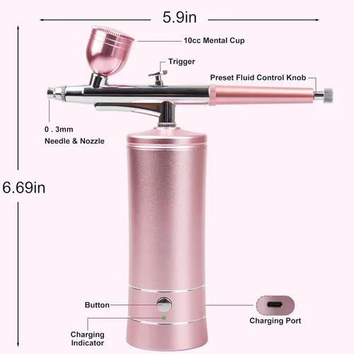 Miniatura 2 de Airbrush-Kit - Compresor de aerógrafo inalámbrico recargable - Pistola de aerógrafo de mano automática, juego de aerógrafo, cepillo de aire Rosa
