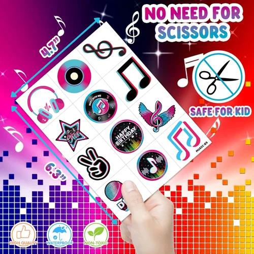 Miniatura 4 de (96 piezas) Notas musicales motivacionales musicales precortadas tatuajes temporales para niños, suministros de fiesta temática de cumpleaños, Normal