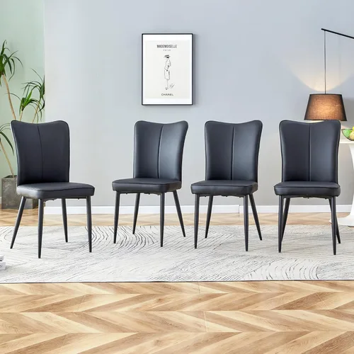 Miniatura 8 de Juego de 4 sillas de comedor modernas, juego de sillas de cocina de piel sintética, asiento tapizado acolchado grueso, sillas laterales negras sin
