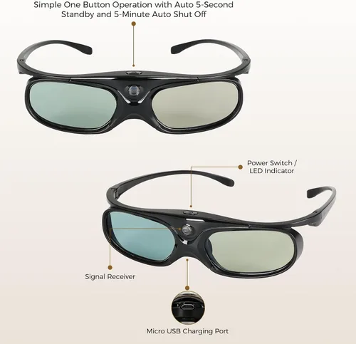 Miniatura 2 de DLP Link - Lentes 3D para proyector, ELEPHAS 144Hz, recargables, con obturador activo, compatibles con proyectores 3D DLP-Link: Acer, ViewSonic