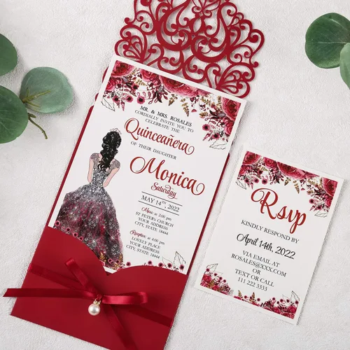 Miniatura 3 de 50 invitaciones de quinceañera personalizadas de 5x7.2 pulgadas, corte calado mediante láser, color rojo, con tarjetas RSVP y sobres, y banda