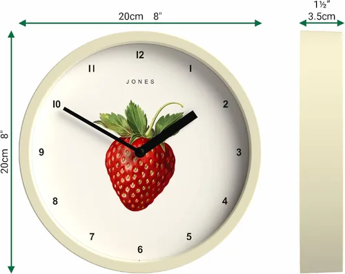Miniatura 3 de JONES CLOCKS® Reloj de pared de frutas Reloj redondo pequeño 8 pulgadas Crema Arte botánico ilustrado de fresa Ideal para cocina y comedor.