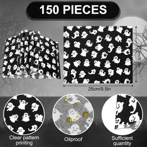 Miniatura 2 de 150 piezas de papel encerado de Halloween lindo fantasma delicatessen, papel de sándwich blanco y negro, impermeable, a prueba de aceite, forro