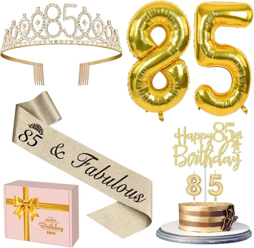 Decoraciones de 85 cumpleaños para mujeres en oro con banda y tiara de 85 cumpleaños, adorno para pastel y velas, globos con números, regalos para