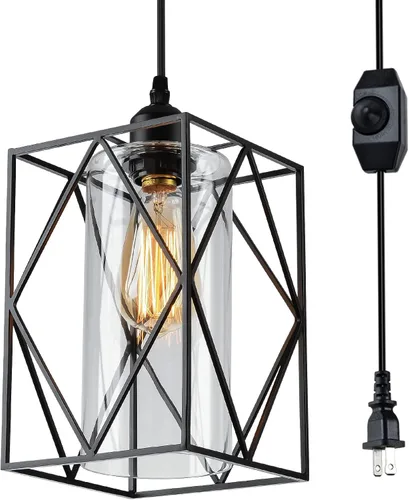 HMVPL Lámpara Colgante Enchufable con Interruptor Regulador, Luminarias Colgantes Estilo Granja para Exteriores para Cenador y Porche, Lámpara de