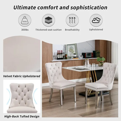 Miniatura 5 de Juego de 2 sillas de comedor modernas de mediados de siglo, sillas de cocina tapizadas de terciopelo beige, sillas de cocina y comedor, patas