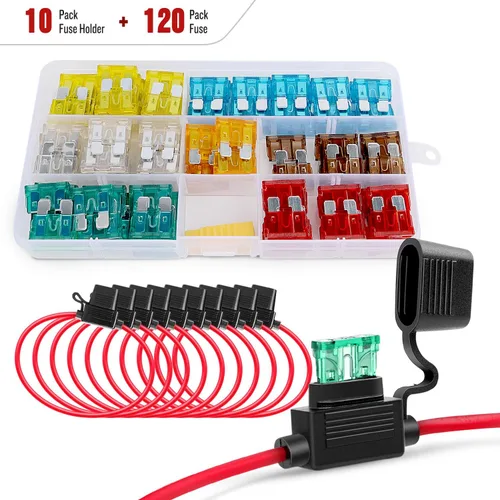Nilight - 50029R 120 piezas de fusibles de hoja estándar 5A/7.5A/10A/15A/20A/25A/30A AMP juego surtido con 10 paquetes de portafusibles en línea