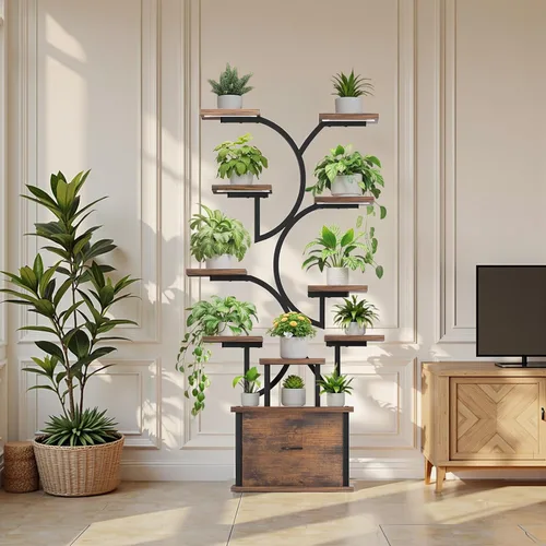 Miniatura 7 de Soporte para plantas de interior con luces de crecimiento, estante para plantas de 11 niveles con cajón, soportes de esquina de 65 pulgadas