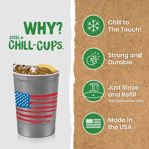 Miniatura 4 de Steel Chill Cups Party Cup America the Beautiful Design para bebidas frías, duradero, desechable, reciclable, fabricado en Estados Unidos, gris, 12