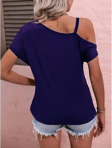 Miniatura 4 de Blusa sexy de manga corta para mujer, con hebilla de metal, asimétrica, con correa de hebilla de metal
