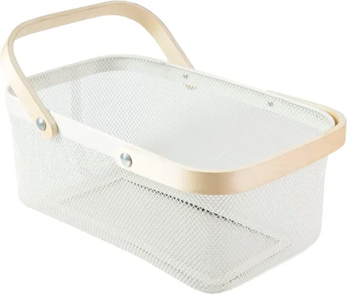 Miniatura 8 de Cesta portátil de cosecha de jardín, diseño de malla, cesta de almacenamiento de alambre con mango de bambú natural, cesta de malla con asa