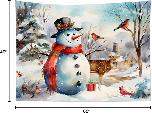 Miniatura 8 de LB Tapiz navideño de muñeco de nieve, bosque de pinos de invierno con ciervos cardenales, tapiz de pared para dormitorio, tapiz colgante de pared