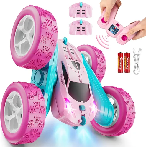 QUNREDA Coches RC, Coche de Control Remoto Rosa para Niñas, 2.4 GHZ Coche de Acrobacias RC de Doble Cara Giratorio 360° Control Remoto Crawler con