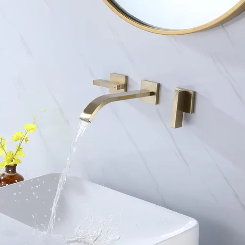 Miniatura 2 de RBROHANT RB0997 - Grifo de baño de latón cepillado para montaje en pared, 2 asas, montaje en pared, válvula empotrada incluida, RB0997 Oro cepillado