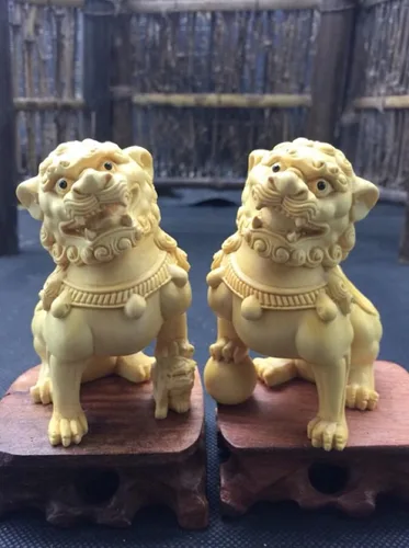 Miniatura 5 de Feng Shui - Par de estatuas de perros Fu Foo, adornos de estatua de Kylin de madera maciza, protección de energía malvada, estatua de Pixiu/Piyao
