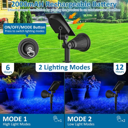 Miniatura 5 de T-SUNUS - Luces solares azules para exteriores de Navidad, 2 modos de focos de jardín impermeables IP65, encendido/apagado automático, foco