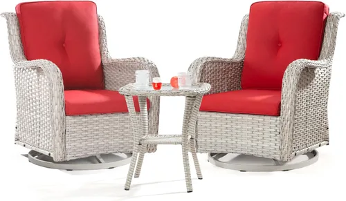 Miniatura 11 de Joyside Juego de 2 sillas giratorias para patio al aire libre y mesa auxiliar a juego, juego de 3 piezas de mimbre para patio con cojines de tela