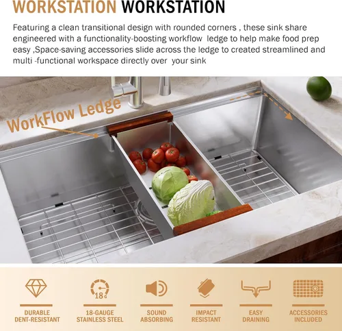 Miniatura 6 de Fregadero de cocina moderno con estación de trabajo de calibre 18 de 30 pulgadas, fregadero de cocina R10 de acero inoxidable de radio ajustado