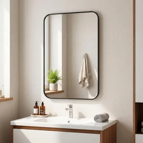 BEAUTYPEAK Espejo de baño rectangular de 16 x 24 pulgadas con marco de aleación de aluminio montado en la pared con esquinas redondeadas, color negro